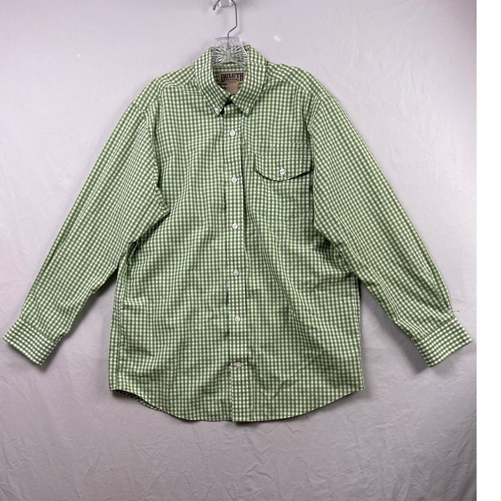 Duluth Trading Co Button Down Shirt Mens M Green Gingham Cotton Long Sleeve